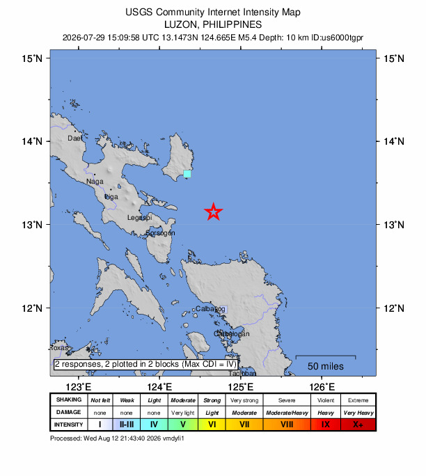 USGS DYFI community-reported intensity map for the M5.4 earthquake near 58 km E of Rapu-Rapu, Philippines