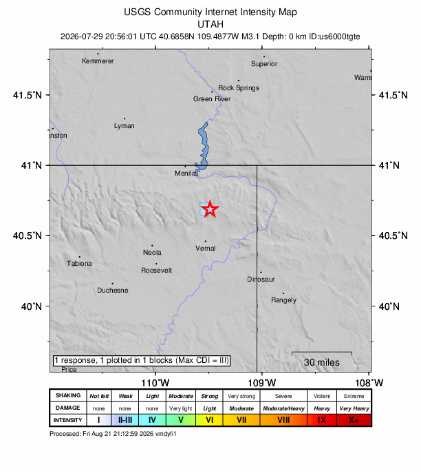 USGS DYFI community-reported intensity map for the M3.1 earthquake near 24 km NNE of Maeser, Utah