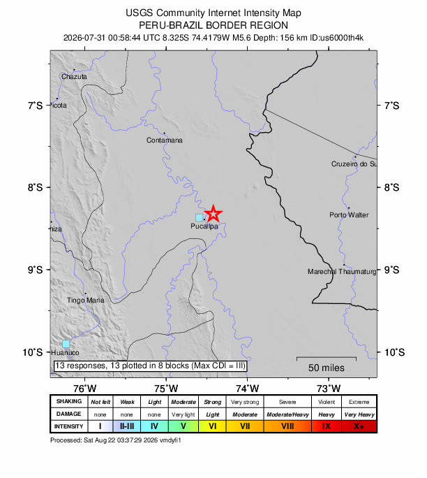 USGS DYFI community-reported intensity map for the M5.6 earthquake near 32 km ENE of San Fernando, Peru