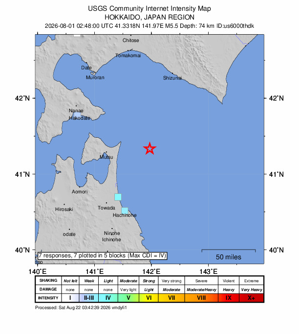 USGS DYFI community-reported intensity map for the M5.5 earthquake near 63 km E of Mutsu, Japan