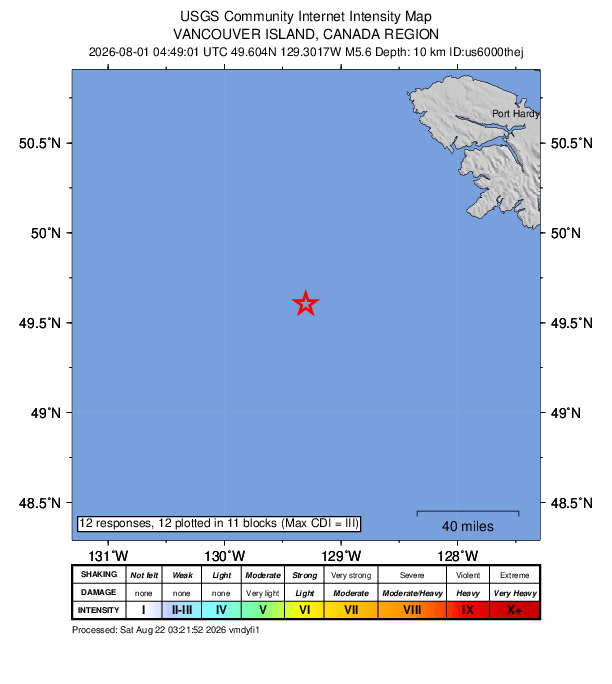 USGS DYFI community-reported intensity map for the M5.6 earthquake near 215 km SW of Port McNeill, Canada