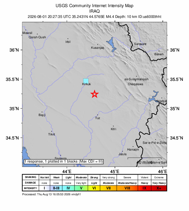 USGS DYFI community-reported intensity map for the M4.4 earthquake near 30 km SE of Kirkuk, Iraq