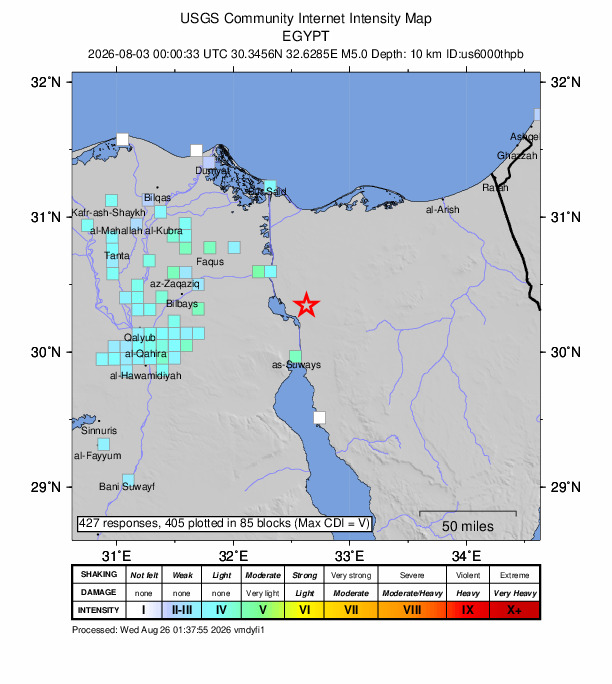 USGS DYFI community-reported intensity map for the M5.0 earthquake near 41 km NNE of Suez, Egypt