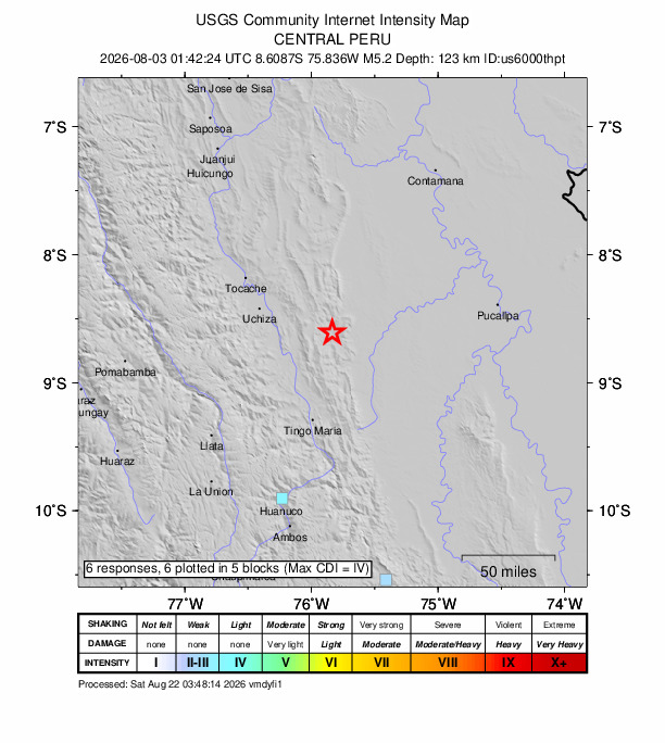 USGS DYFI community-reported intensity map for the M5.2 earthquake near 71 km ESE of Uchiza, Peru