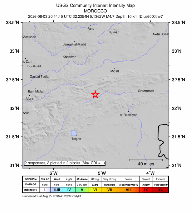 USGS DYFI community-reported intensity map for the M4.7 earthquake near 61 km SW of Midelt, Morocco