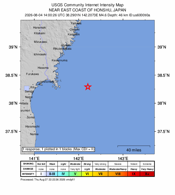USGS DYFI community-reported intensity map for the M4.6 earthquake near 68 km ESE of Onagawa Chō, Japan