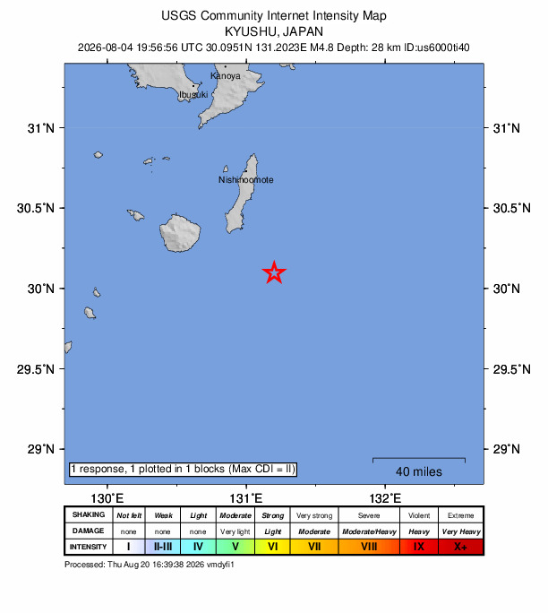 USGS DYFI community-reported intensity map for the M4.8 earthquake near 62 km ESE of Koseda, Japan