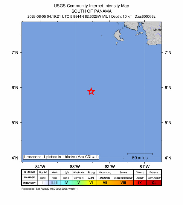 USGS DYFI community-reported intensity map for the M5.1 earthquake near 240 km S of Burica, Panama
