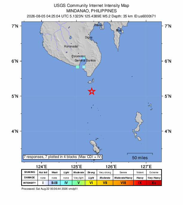 USGS DYFI community-reported intensity map for the M5.2 earthquake near 30 km S of Sarangani, Philippines