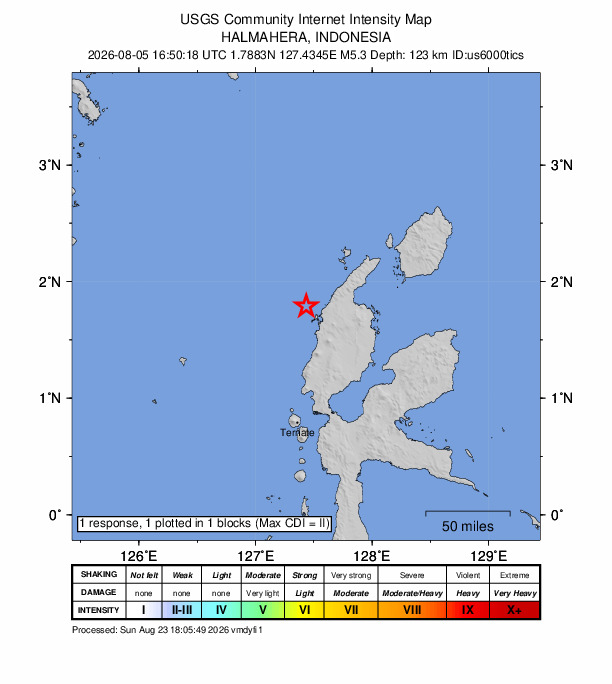 USGS DYFI community-reported intensity map for the M5.3 earthquake near 64 km W of Tobelo, Indonesia