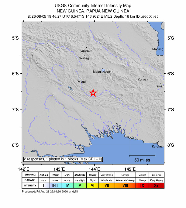 USGS DYFI community-reported intensity map for the M5.2 earthquake near 29 km S of Ialibu, Papua New Guinea
