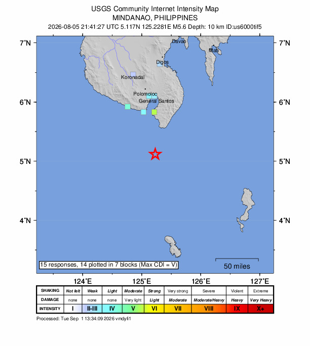 USGS DYFI community-reported intensity map for the M5.6 earthquake near 41 km SW of Sarangani, Philippines