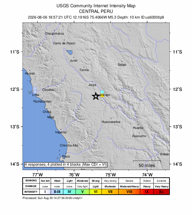 USGS DYFI community-reported intensity map for the M5.3 earthquake near 2 km WNW of Yanacancha, Peru