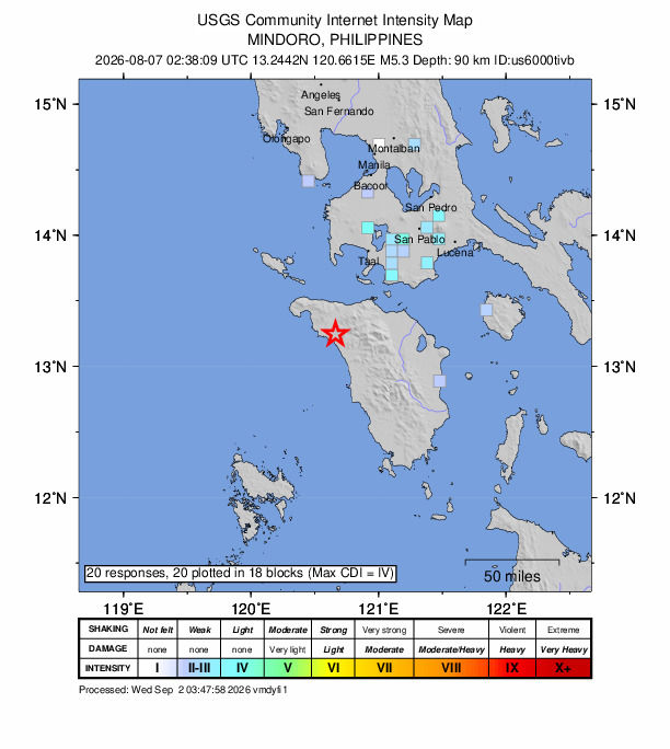 USGS DYFI community-reported intensity map for the M5.3 earthquake near 7 km ENE of Mamburao, Philippines