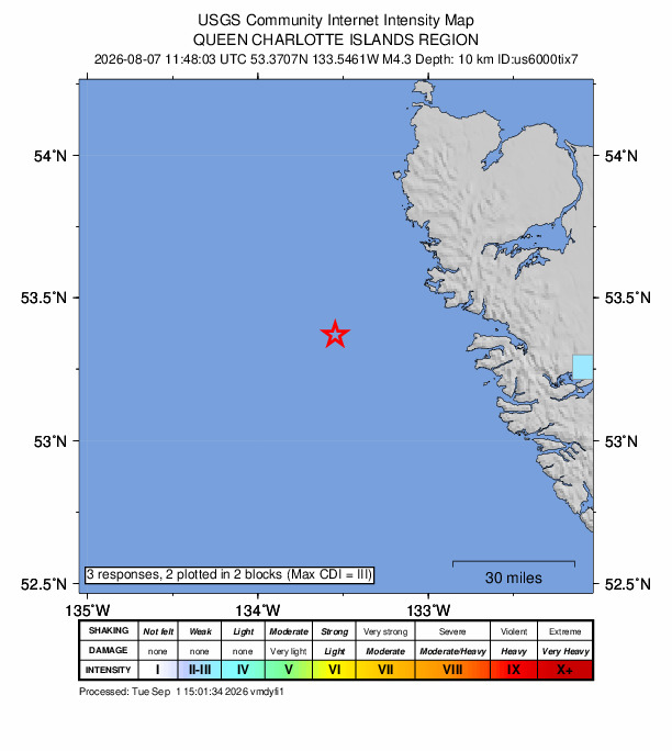 USGS DYFI community-reported intensity map for the M4.3 earthquake near 209 km SSW of Hydaburg, Alaska