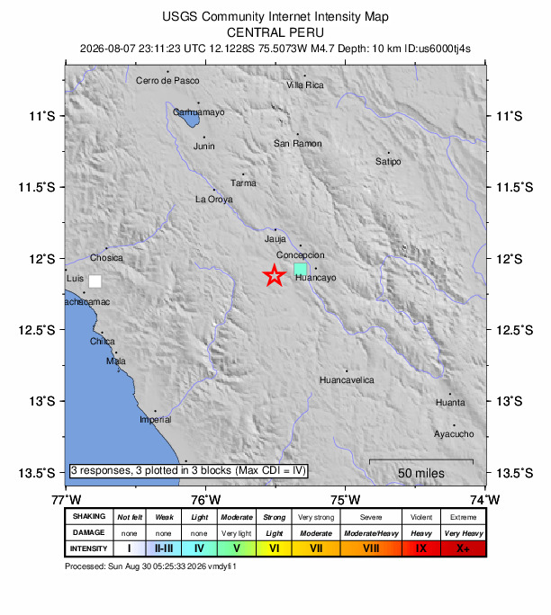 USGS DYFI community-reported intensity map for the M4.7 earthquake near 15 km WNW of Yanacancha, Peru