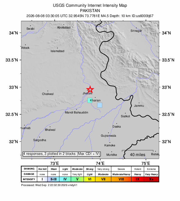 USGS DYFI community-reported intensity map for the M4.5 earthquake near 4 km ENE of Jhelum, Pakistan