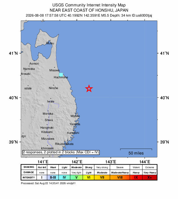 USGS DYFI community-reported intensity map for the M5.5 earthquake near 47 km ENE of Noda, Japan