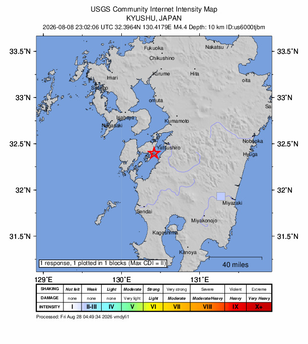 USGS DYFI community-reported intensity map for the M4.4 earthquake near 18 km NNW of Tsunagi, Japan