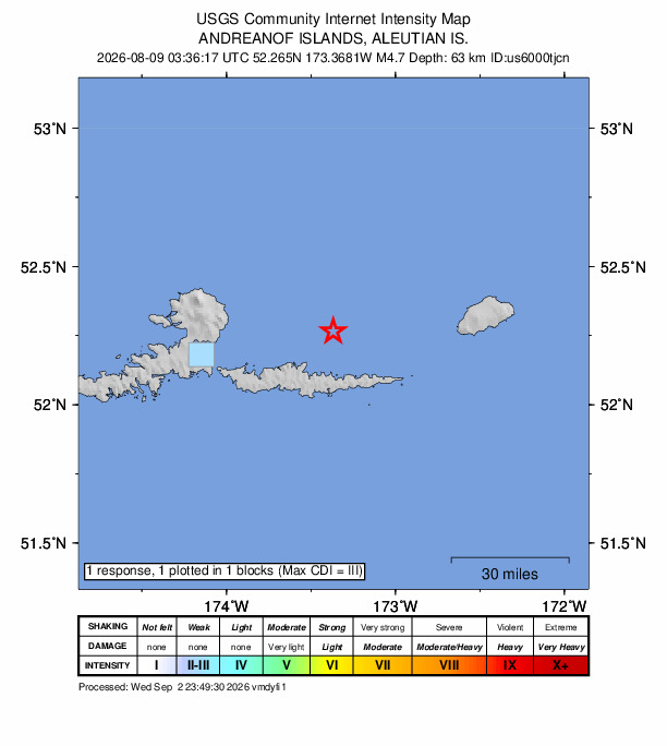 USGS DYFI community-reported intensity map for the M4.7 earthquake near 57 km E of Atka, Alaska