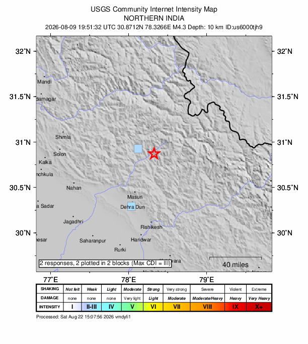 USGS DYFI community-reported intensity map for the M4.3 earthquake near 13 km ENE of Barkot, India