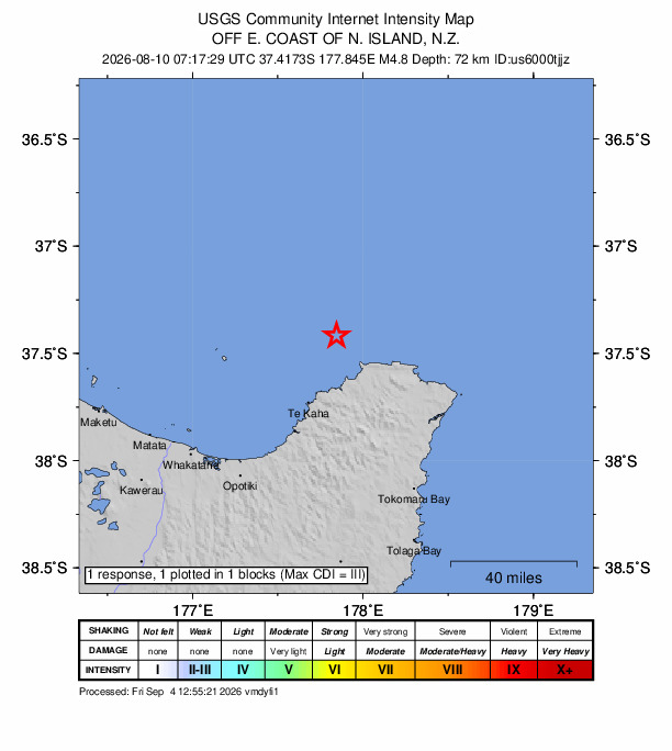 USGS DYFI community-reported intensity map for the M4.8 earthquake near 45 km WNW of Hicks Bay, New Zealand