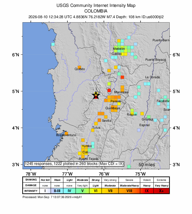 USGS DYFI community-reported intensity map for the M7.4 earthquake near 2 km SE of San José del Palmar, Colombia