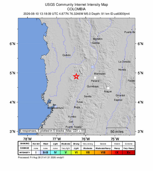 USGS DYFI community-reported intensity map for the M5.0 earthquake near 10 km WSW of San José del Palmar, Colombia