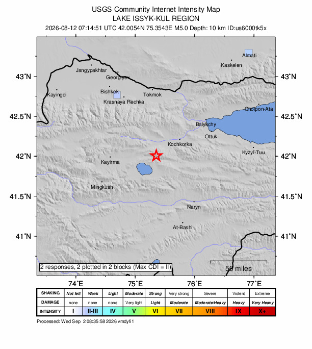 USGS DYFI community-reported intensity map for the M5.0 earthquake near 69 km E of Chayek, Kyrgyzstan