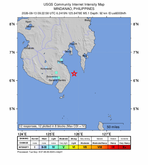 USGS DYFI community-reported intensity map for the M5.1 earthquake near 19 km ENE of Lapuan, Philippines