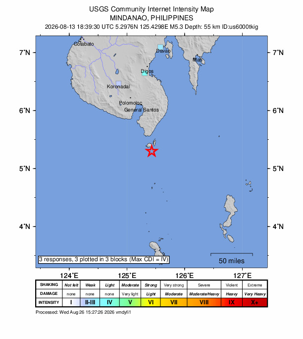 USGS DYFI community-reported intensity map for the M5.3 earthquake near 12 km SSW of Sarangani, Philippines