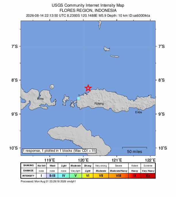 USGS DYFI community-reported intensity map for the M5.9 earthquake near 40 km NE of Labuan Bajo, Indonesia