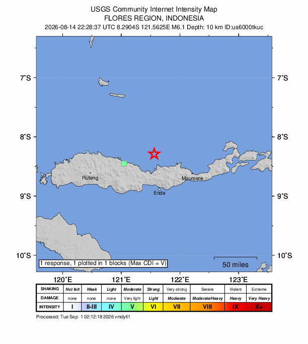 USGS DYFI community-reported intensity map for the M6.1 earthquake near 62 km N of Ende, Indonesia