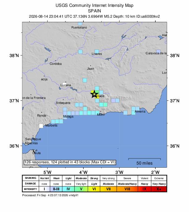 USGS DYFI community-reported intensity map for the M5.2 earthquake near 1 km W of Alhendín, Spain