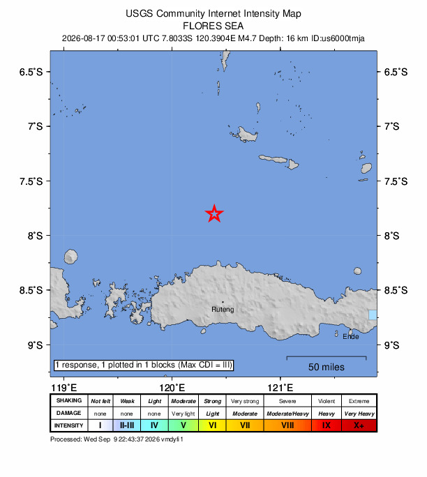 USGS DYFI community-reported intensity map for the M4.7 earthquake near 89 km N of Ruteng, Indonesia