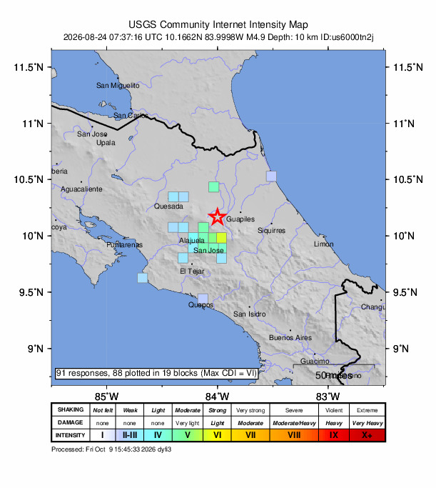 USGS DYFI community-reported intensity map for the M4.9 earthquake near 19 km NNE of San Rafael, Costa Rica