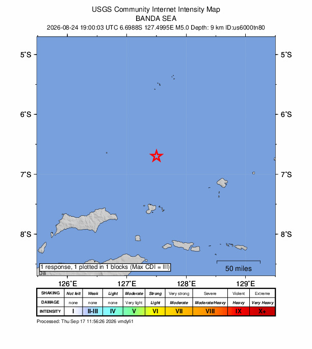 USGS DYFI community-reported intensity map for the M5.0 earthquake near 209 km NNE of Lospalos, Timor Leste