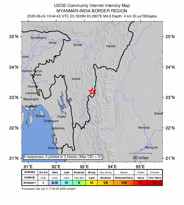 USGS DYFI community-reported intensity map for the M4.8 earthquake near 23 km ENE of North Vanlaiphai, India