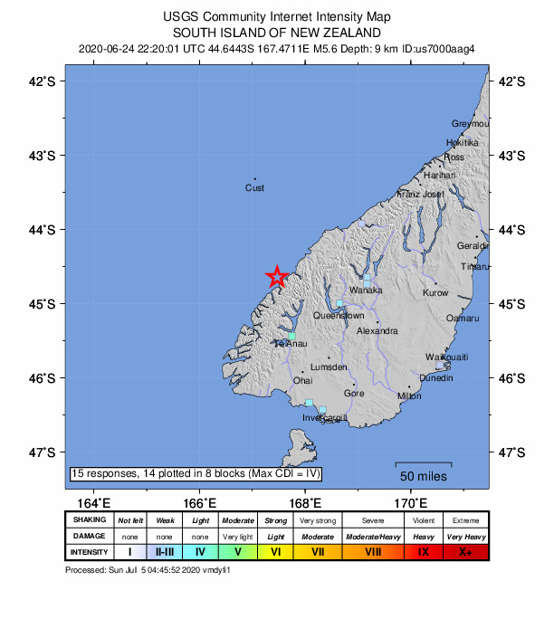 USGS DYFI community-reported intensity map for the M5.6 earthquake near 87 km NNW of Te Anau, New Zealand