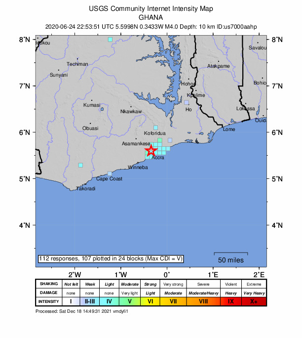 USGS DYFI community-reported intensity map for the M4.0 earthquake near 4 km NW of Gbawe, Ghana