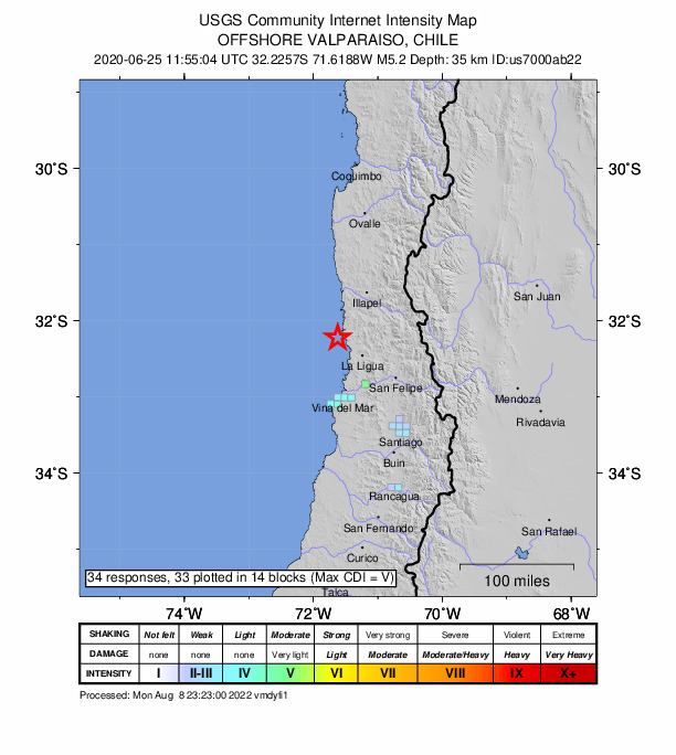 USGS DYFI community-reported intensity map for the M5.2 earthquake near 44 km NW of La Ligua, Chile