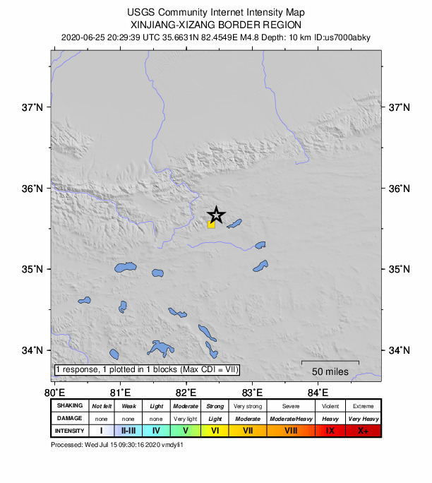 USGS DYFI community-reported intensity map for the M4.9 earthquake near 277 km SE of Hotan, China