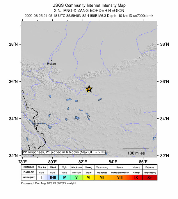 USGS DYFI community-reported intensity map for the M6.3 earthquake near 278 km SE of Hotan, China