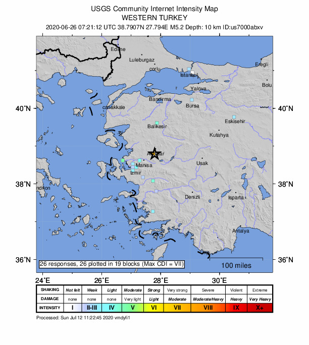 USGS DYFI community-reported intensity map for the M5.2 earthquake near 13 km NW of Gölmarmara, Turkey