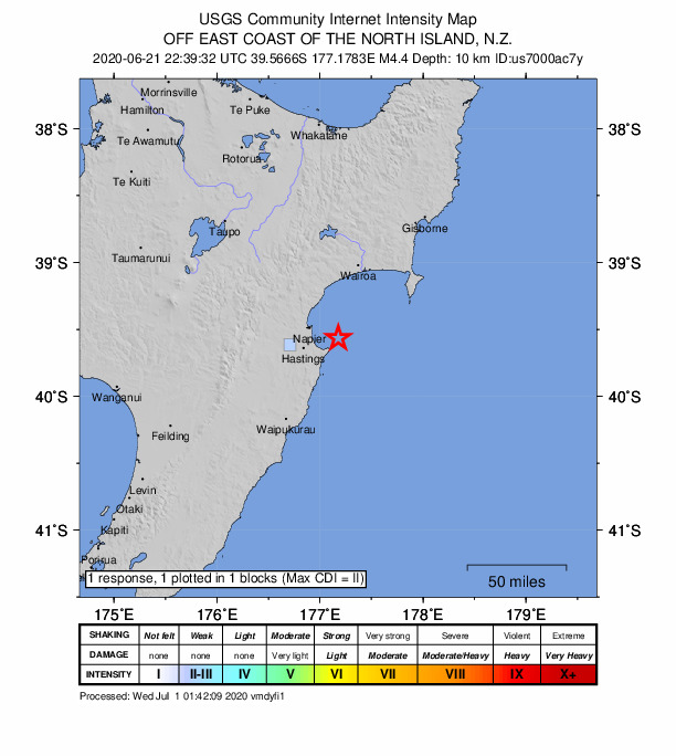 USGS DYFI community-reported intensity map for the M4.4 earthquake near 24 km ESE of Napier, New Zealand