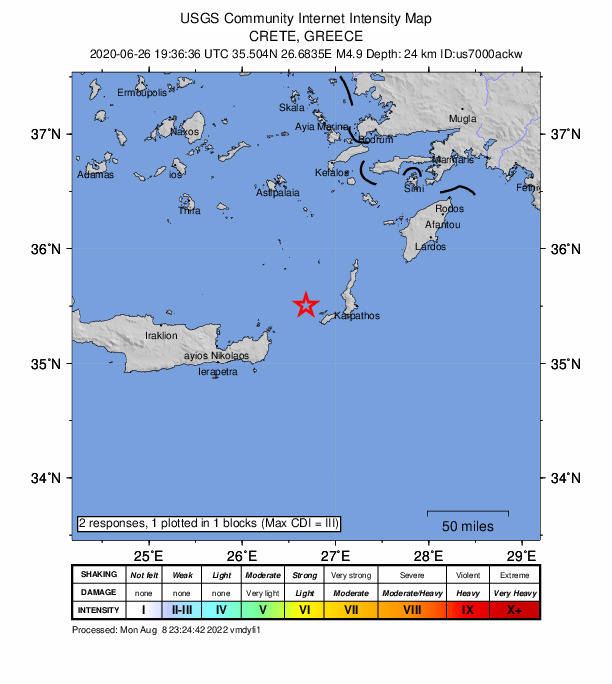 USGS DYFI community-reported intensity map for the M4.9 earthquake near 23 km WNW of Fry, Greece