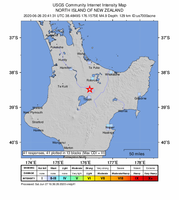 USGS DYFI community-reported intensity map for the M4.9 earthquake near 21 km NNE of Taupo, New Zealand