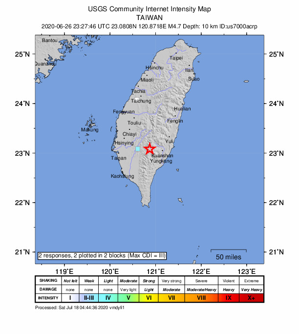 USGS DYFI community-reported intensity map for the M4.7 earthquake near 42 km E of Yujing, Taiwan