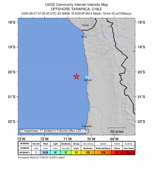USGS DYFI community-reported intensity map for the M4.9 earthquake near 50 km W of Iquique, Chile