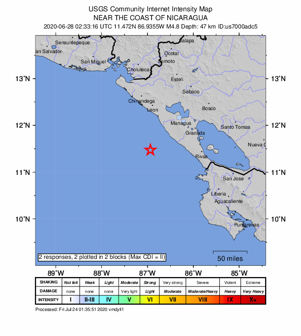 USGS DYFI community-reported intensity map for the M4.8 earthquake near 57 km SW of Masachapa, Nicaragua